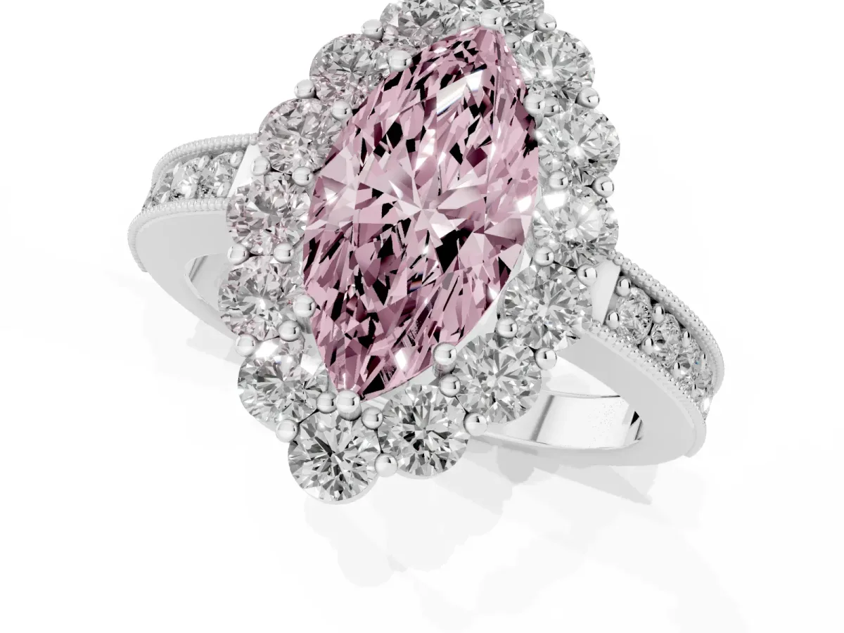 Fancy Pink Marquise Cut Cut Halo Diamond Pavé Engagement Ring with Milgrain Detailing Platinum