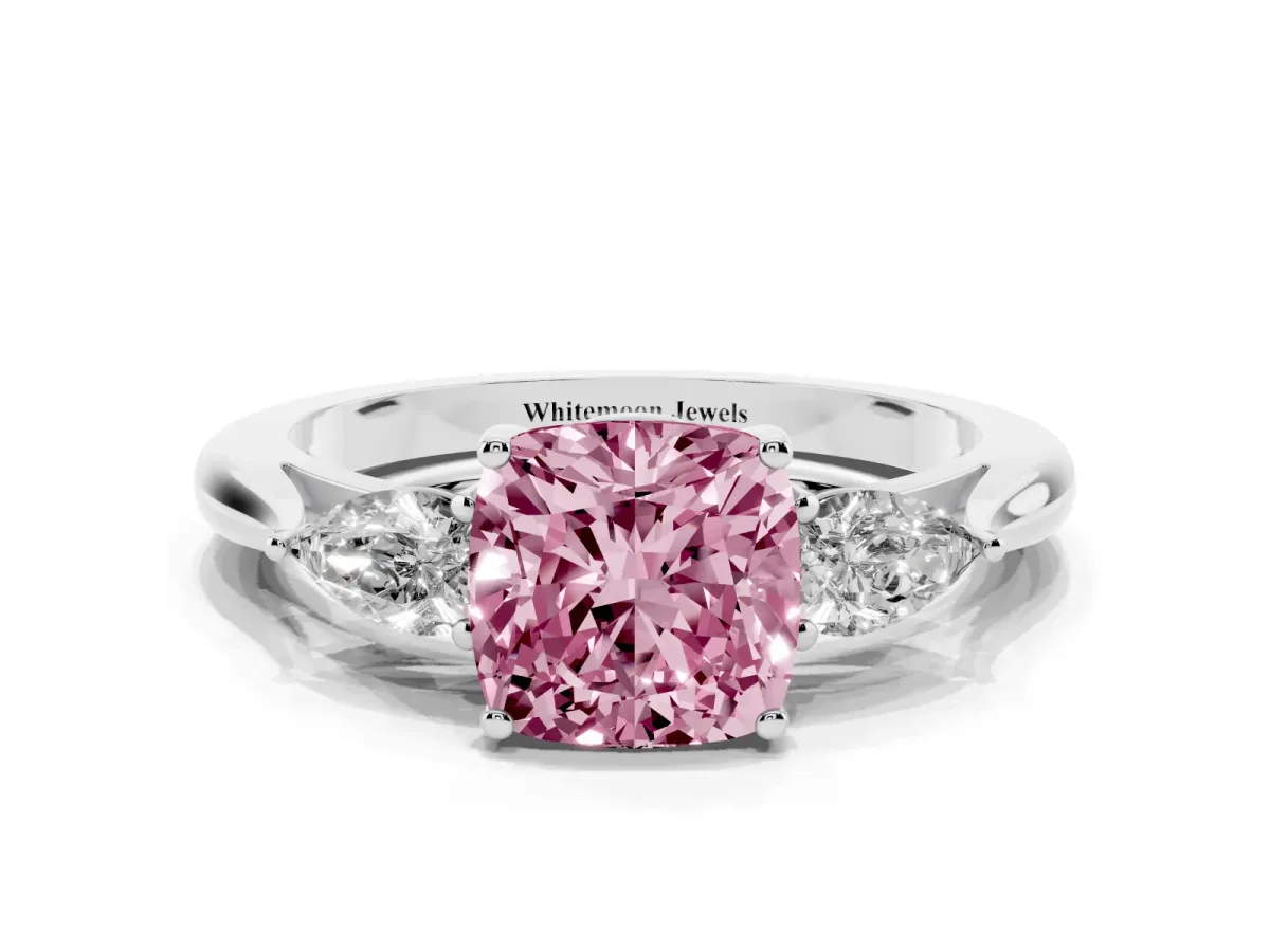 Fancy Pink Three-Stone Cushion Cut Brilliant Diamond Solitaire Ring with Tapered Band and Four-Prong Setting White gold