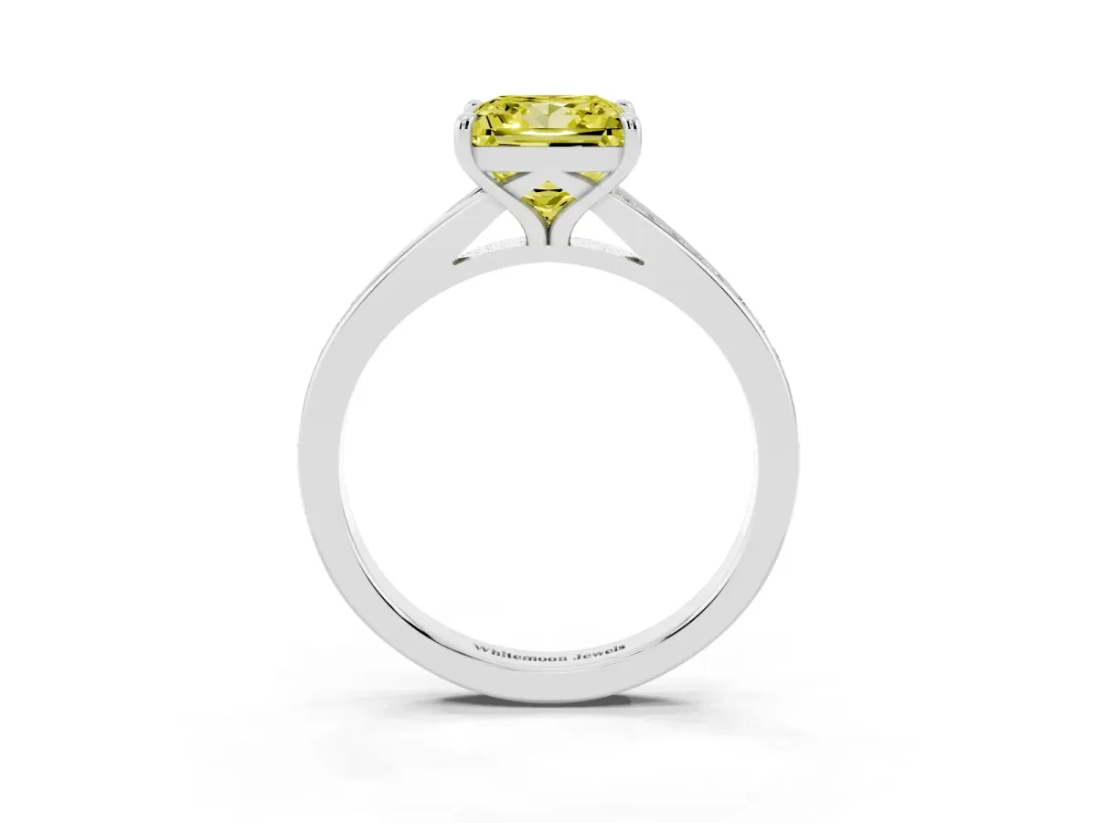 Fancy Yellow Princess Cut Diamond Solitaire Ring with Pavé Band and Prong Setting Silver