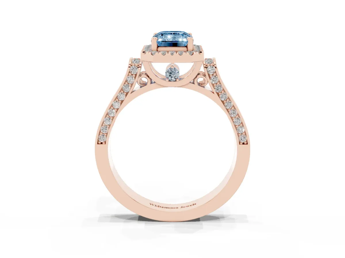 Fancy Blue Emerald Cut Halo Round Diamond Twist Band with Four-Prong Setting Rose gold