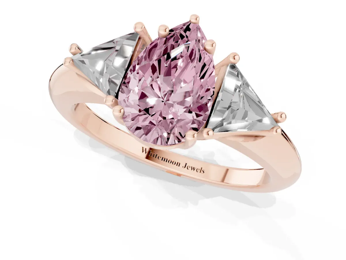 Fancy Pink Three-Stone Pear Cut Diamond Engagement Ring with Trillion Side Stones and Prong Setting Rose gold