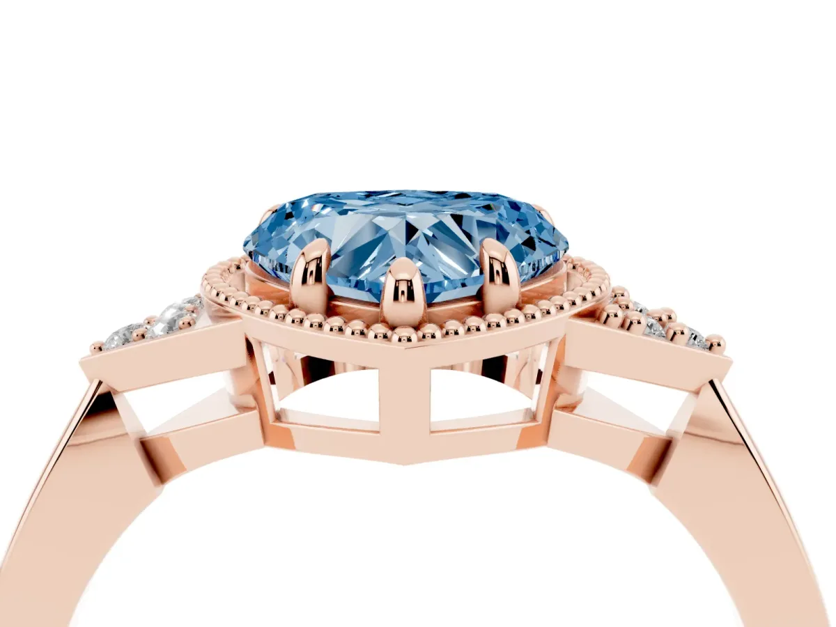 Fancy Blue Milgrain Heart Cut Cut Diamond Ring with Tapered Pave Band and Four Prong Setting Rose gold