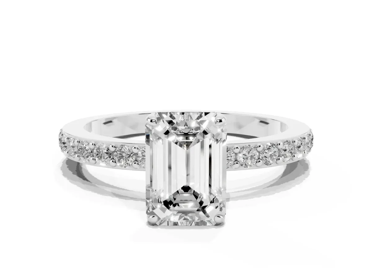 Emerald Cut Diamond Pavé Engagement Ring with Round Accents and Prong Setting Platinum
