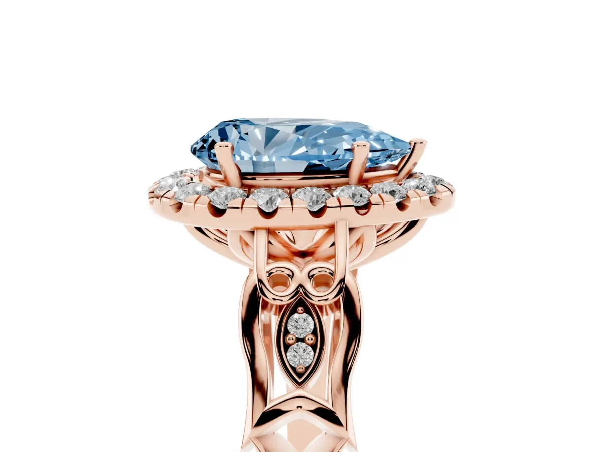 Fancy Blue Pear Cut Halo Diamond Engagement Ring with Filigree Band and Four-Prong Setting Rose gold