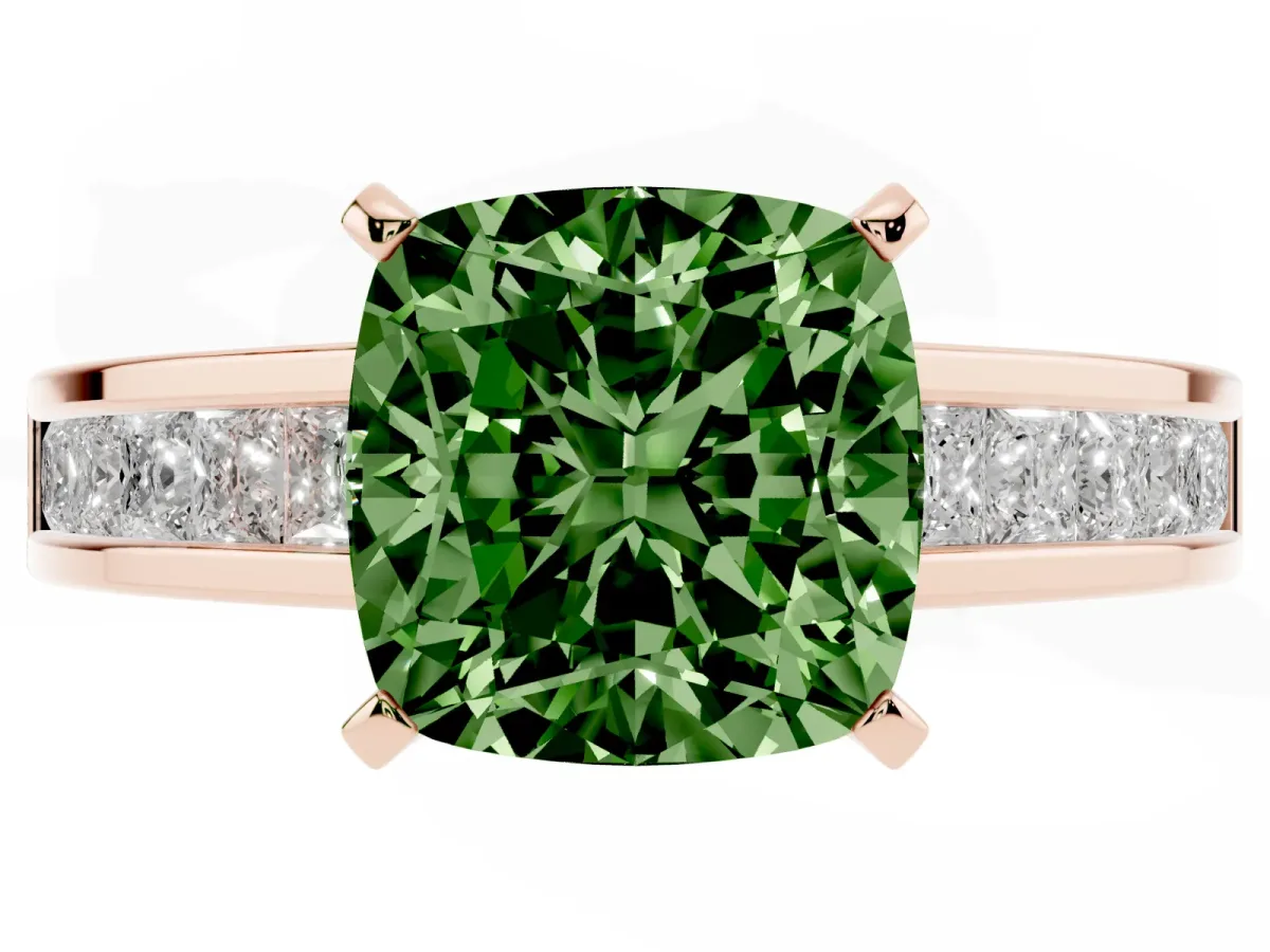 Fancy Green Cushion Cut Solitaire Diamond Ring with Channel-Set Band and Four-Prong Setting Rose gold