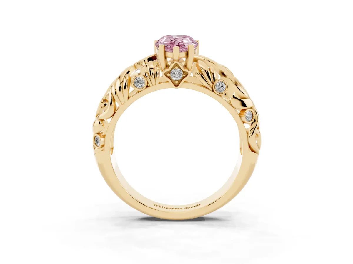 Fancy Pink Pear Cut Solitaire Diamond Leaf-Inspired Vine Band Ring with Prong Setting Yellow gold