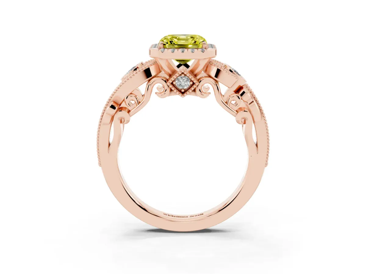 Fancy Yellow Asscher Cut Diamond Halo Ring with Milgrain Pavé Band and Four-Prong Setting Rose gold