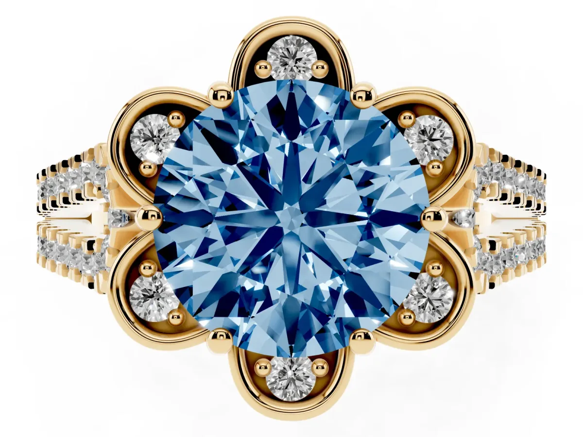 Fancy Blue Round Cut Halo Diamond Floral Split Shank Engagement Ring Yellow gold