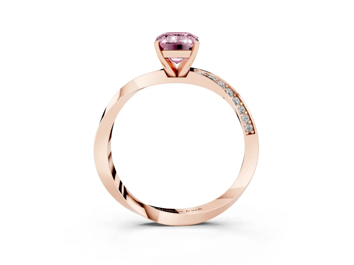 Fancy Pink Emerald Cut Diamond Engagement Ring with Side Stone Accents and Four-Prong Setting Rose gold