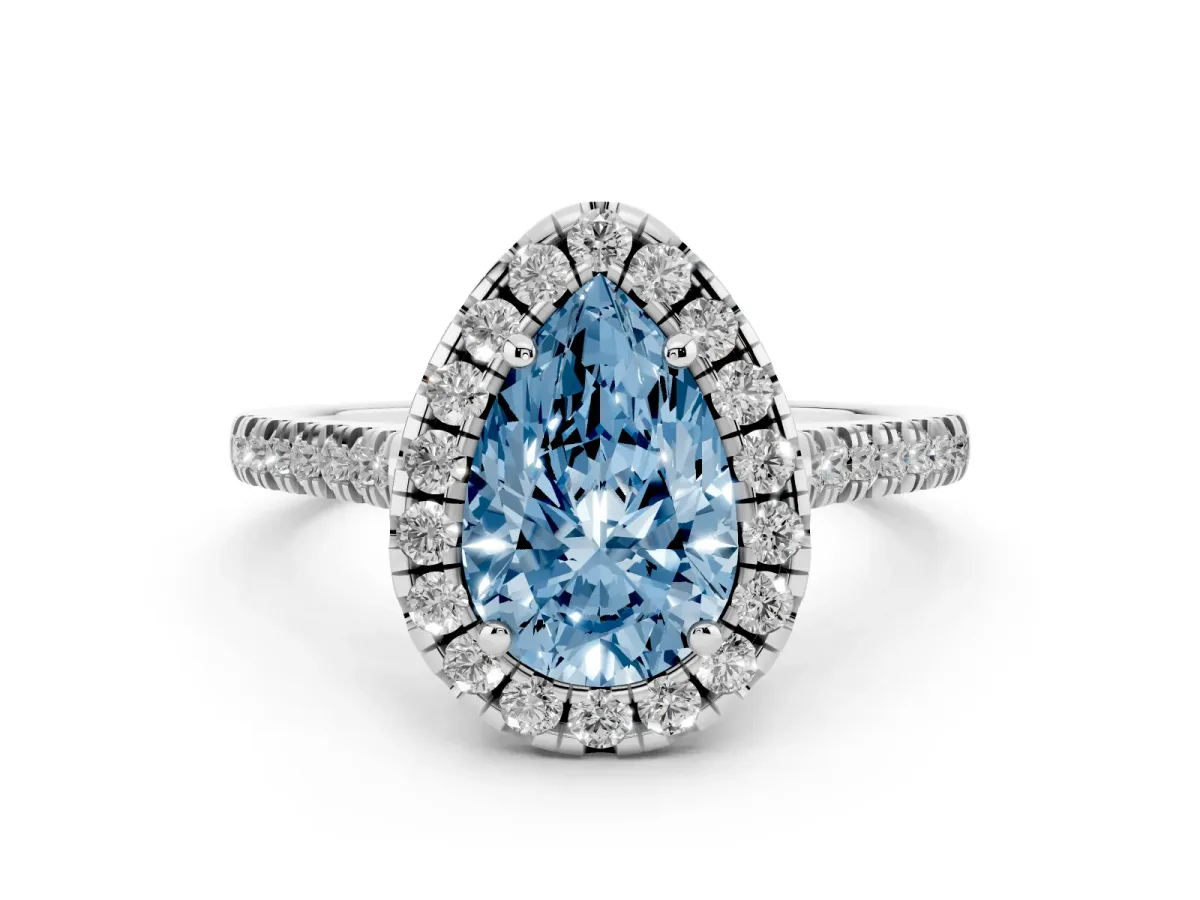 Fancy Blue Pear Cut Diamond Cushion Halo Ring with Pavé Band Silver