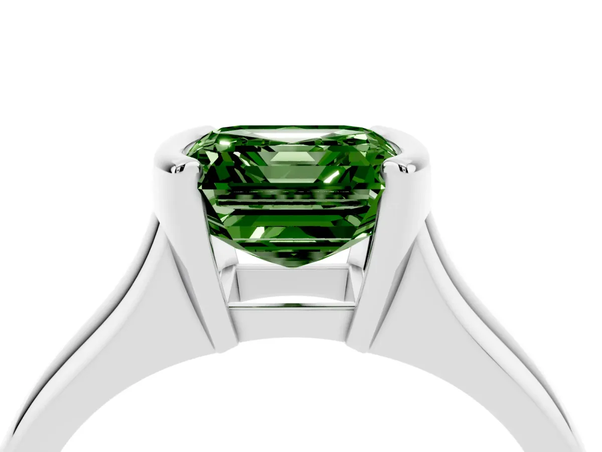 Fancy Green Asscher Cut Solitaire Tension Set Diamond Ring with Split Shank Band Silver