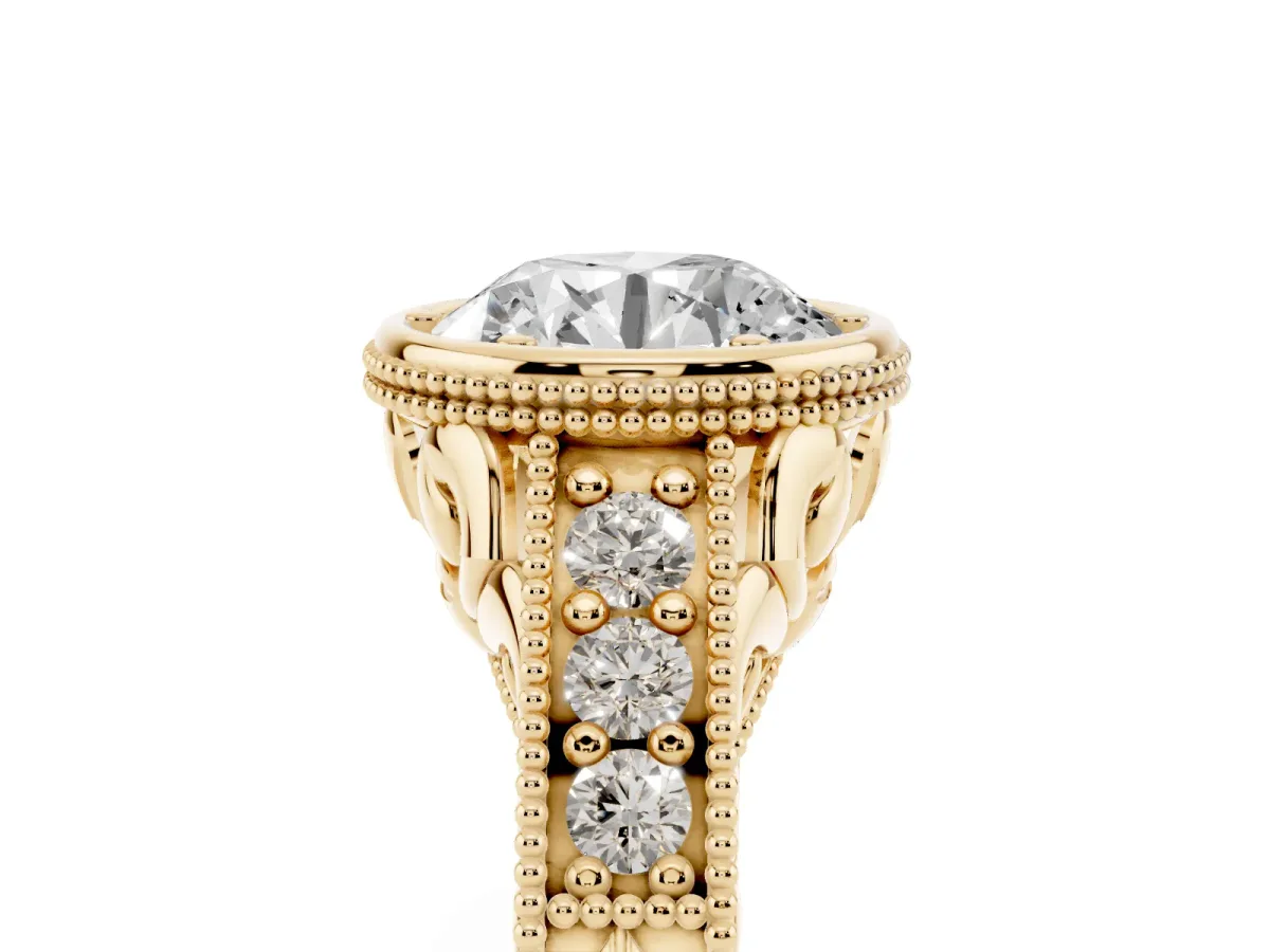 Bezel Set Round Cut Diamond Milgrain Pave Engagement Ring Yellow gold
