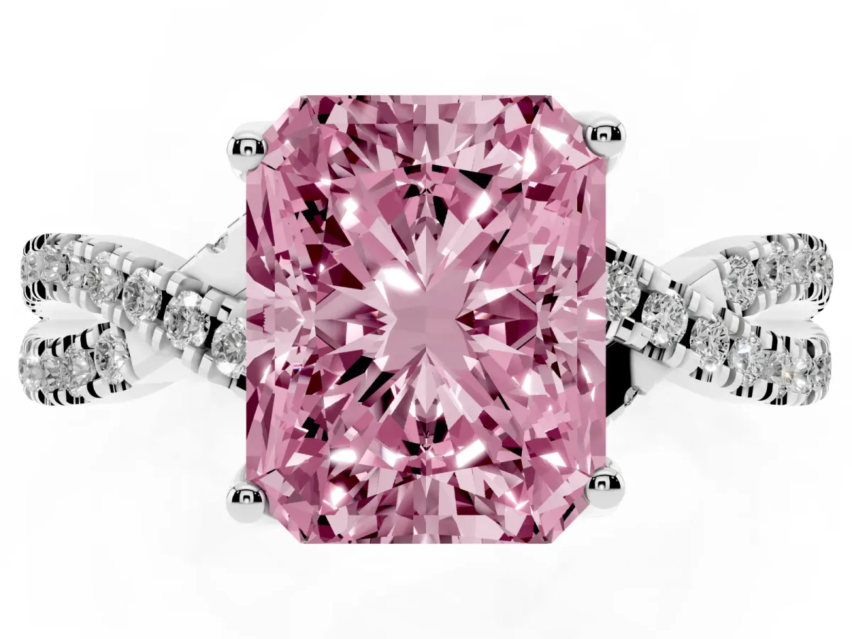 Fancy Pink Radiant Cut Solitaire Twist Pave Diamond Engagement Ring with Prong Setting Silver