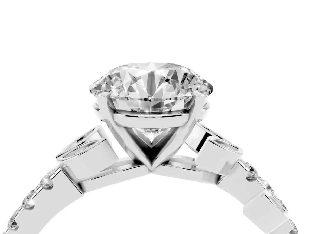 Round Cut Solitaire Leaf-Inspired Diamond Ring with Pavé Band and Four-Prong Setting Silver