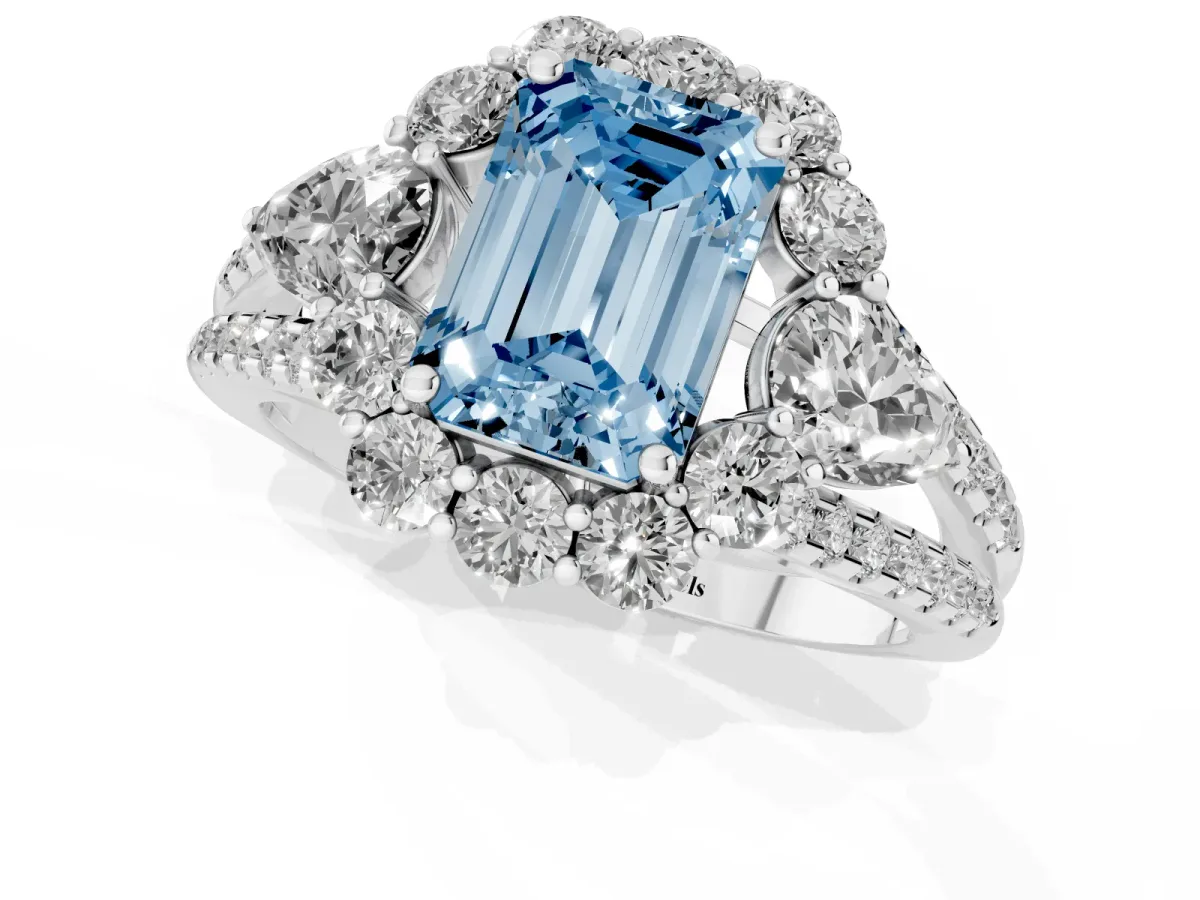 Fancy Blue Emerald Cut Halo Split Shank Diamond Engagement Ring with Prong Setting Silver