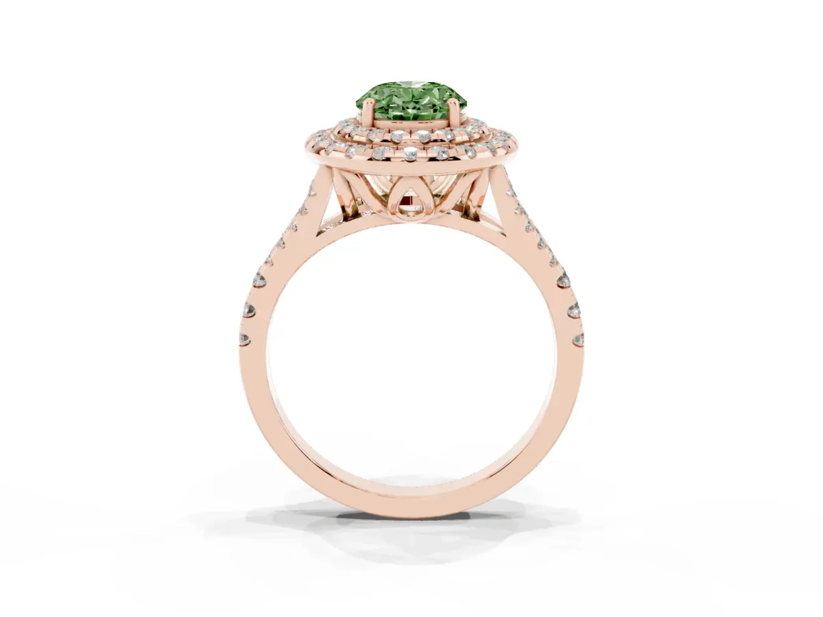 Fancy Green Double Halo Oval Cut Diamond Pavé Split Shank Ring with Prong Setting Rose gold