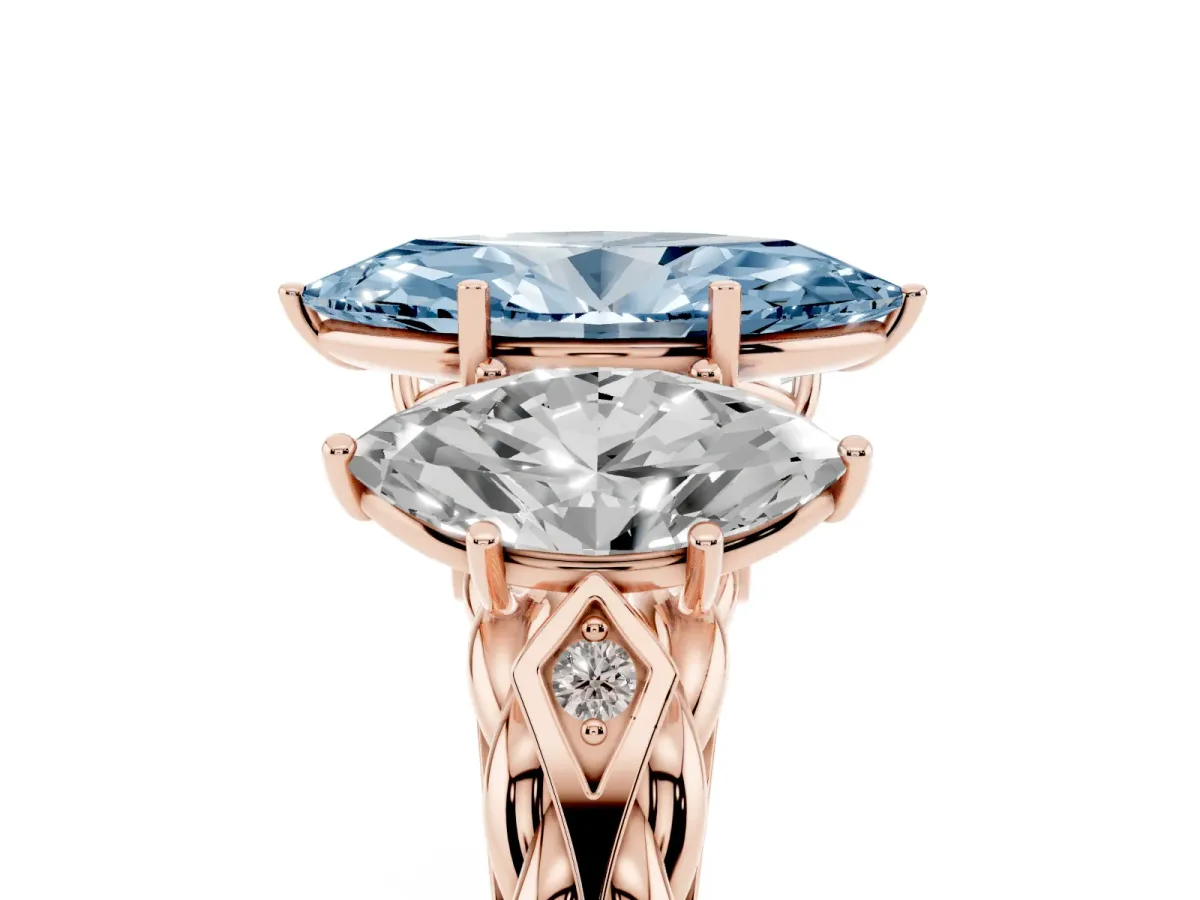 Fancy Blue Three-Stone Marquise Cut Diamond Braided Band Ring with Four-Prong Setting Rose gold