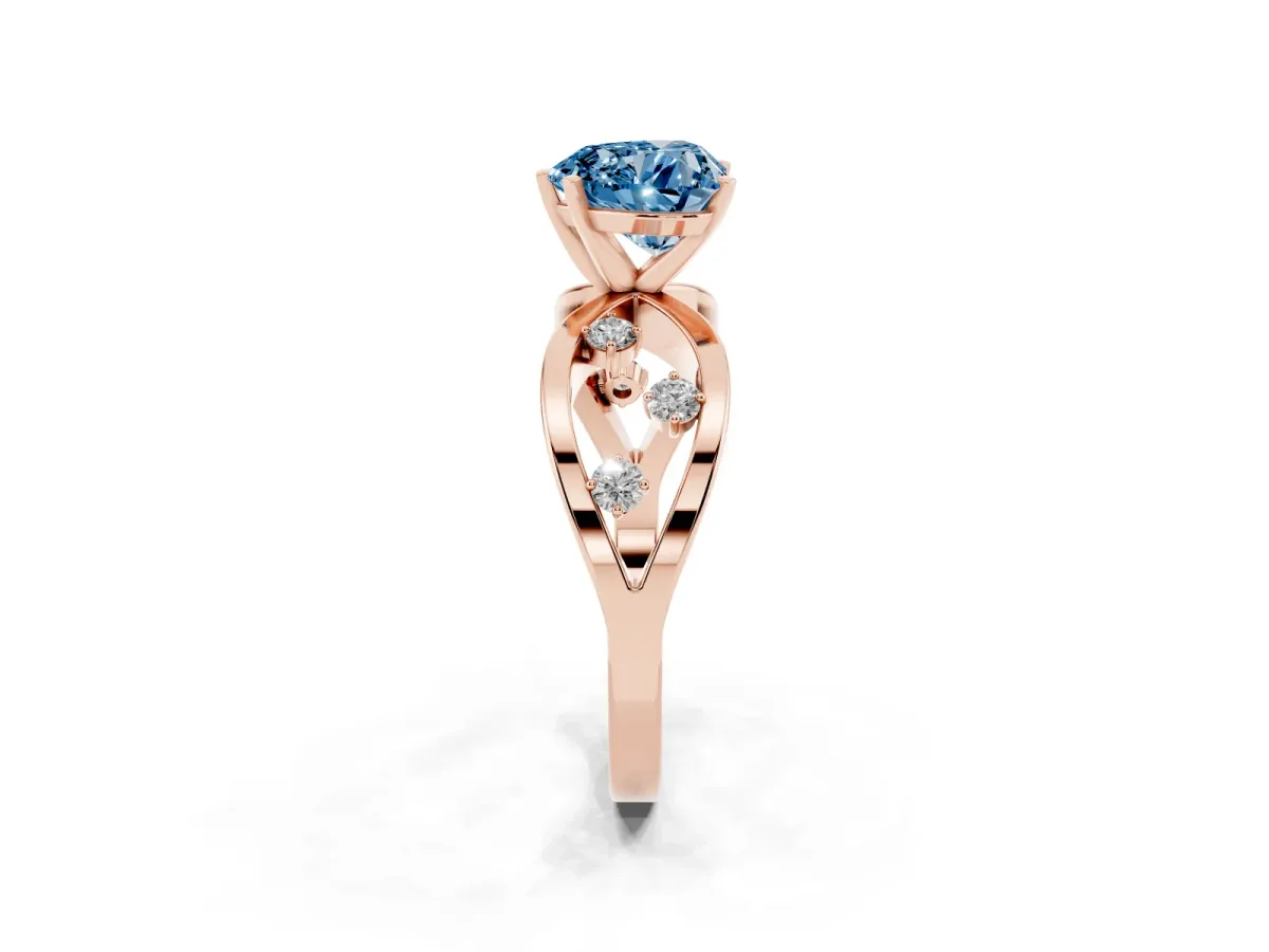 Fancy Blue Heart Cut Cut Solitaire Diamond with Side Stones on Criss-Cross Band and Four-Prong Setting Rose gold