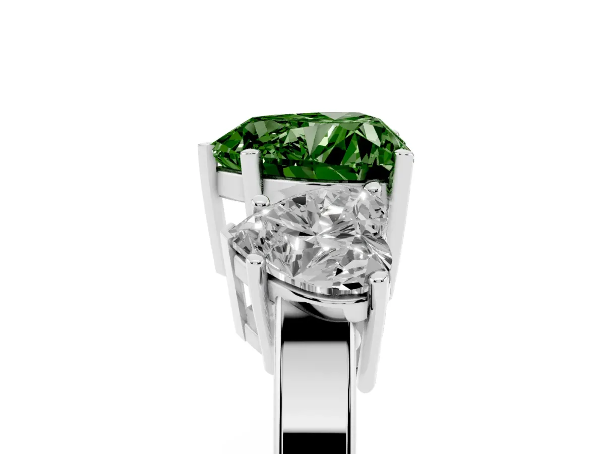 Fancy Green Three-Stone Heart Cut Cut Diamond Engagement Ring with Flat Band and Four-Prong Setting Silver