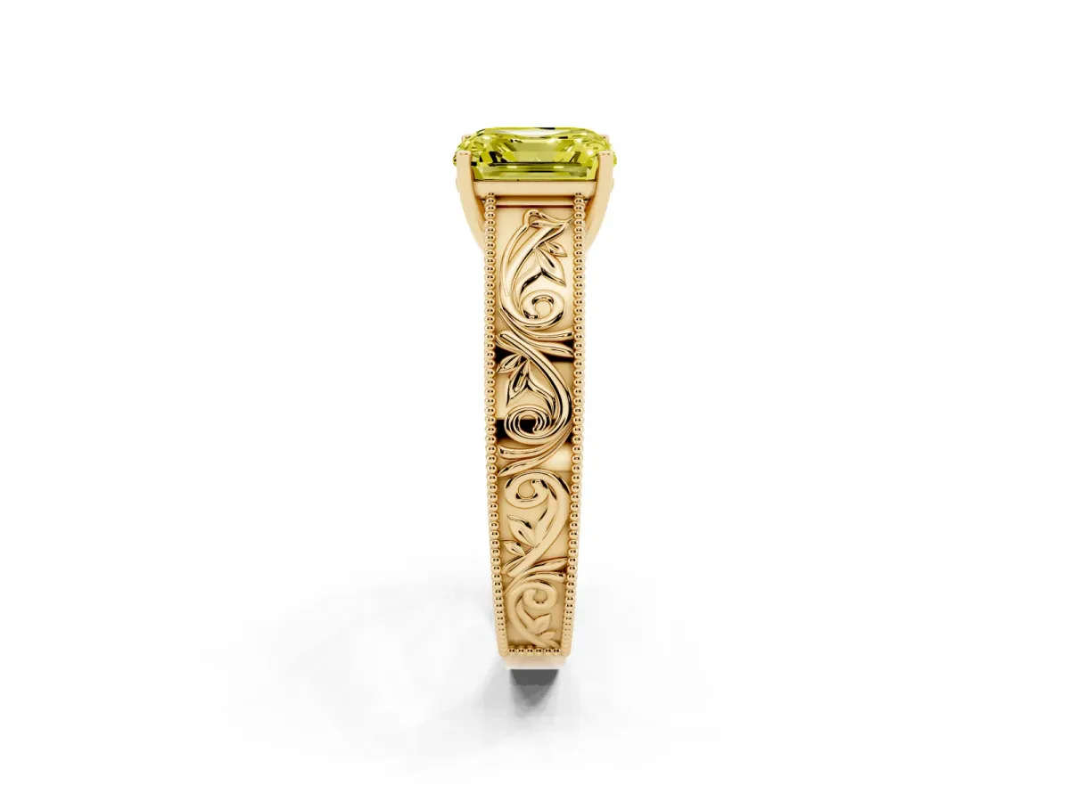 Fancy Yellow Asscher Cut Diamond Solitaire Ring with Engraved Band and Four-Prong Setting Yellow gold