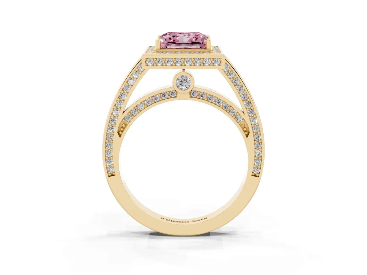 Fancy Pink Princess Cut Cut Halo Pave Split Shank Prong Setting Ring Yellow gold