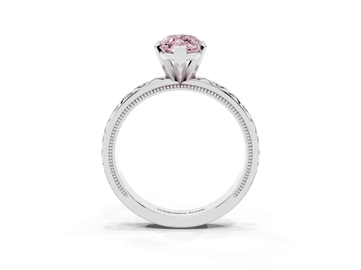 Fancy Pink Marquise Cut Solitaire Diamond Engagement Ring with XO Engraved Band and Four-Prong Setting White gold