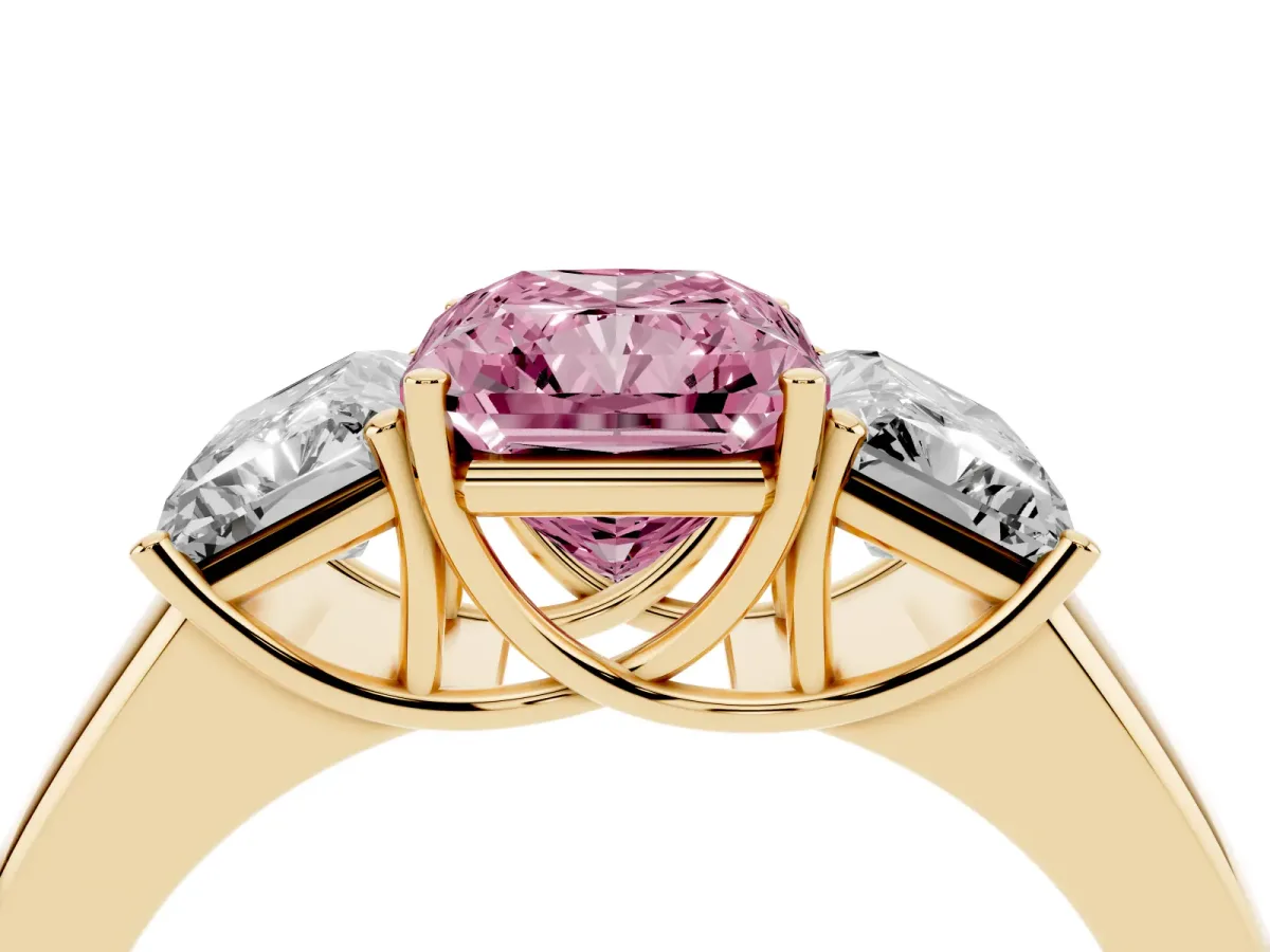 Fancy Pink Three-Stone Radiant Cut Cut Diamond Ring with Prong Setting and Classic Band Yellow gold