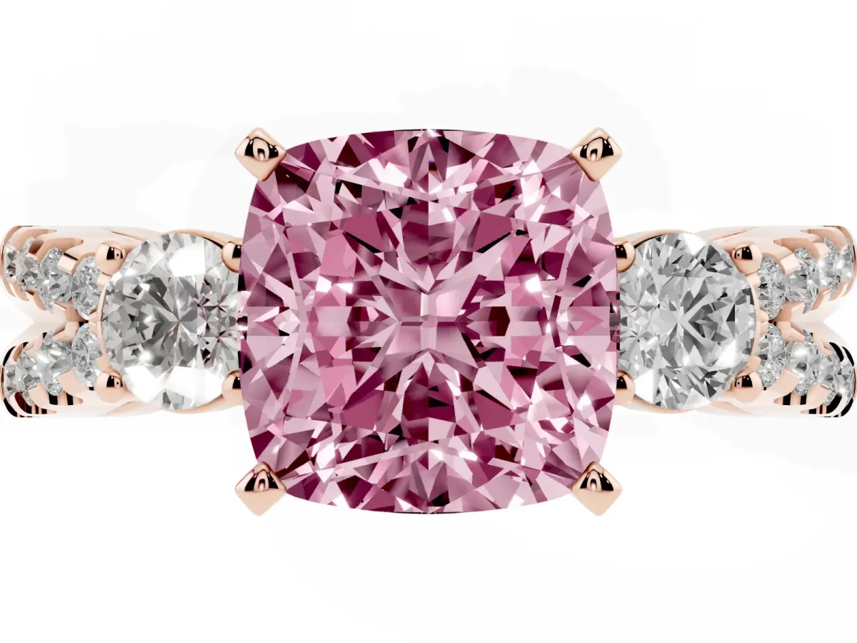 Fancy Pink Cushion Cut Diamond Three-Stone Ring with Pavé Split Shank and Four-Prong Setting Rose gold