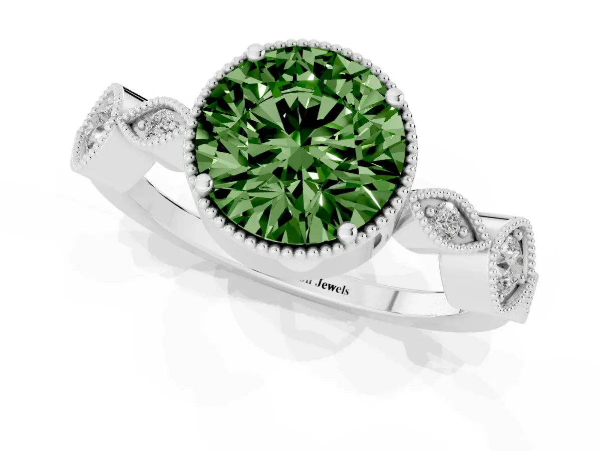 Fancy Green Round Cut Diamond Vintage Milgrain Ring with Round Stations Silver
