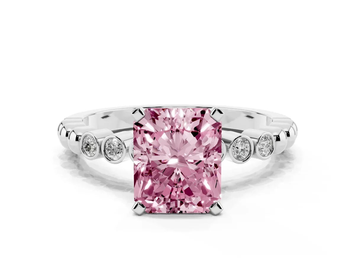Fancy Pink Radiant Cut Solitaire Bezel Accent Diamond Engagement Ring with Beaded Band and Four-Prong Setting Silver