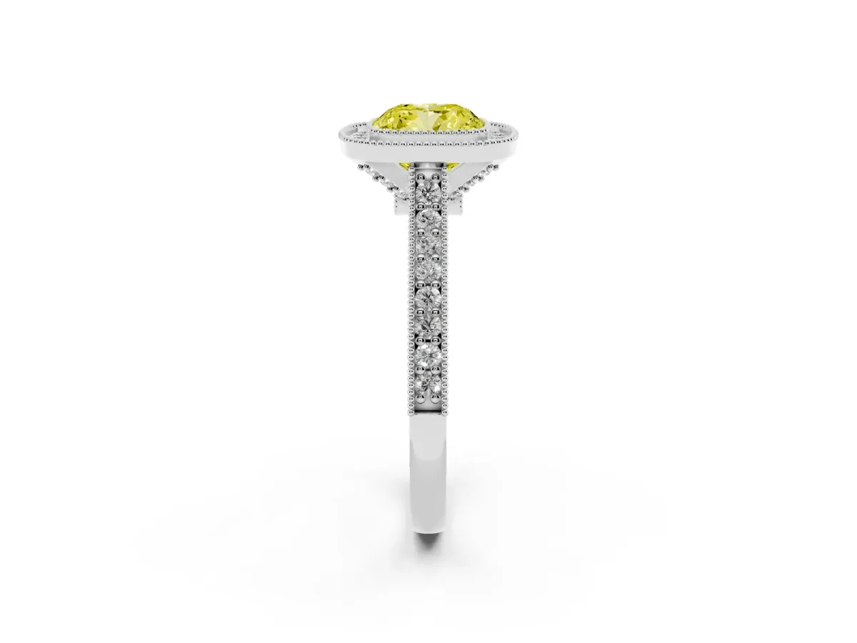 Fancy Yellow Halo Cushion Cut-Cut Diamond Pave Band Milgrain Prong Setting Ring Silver