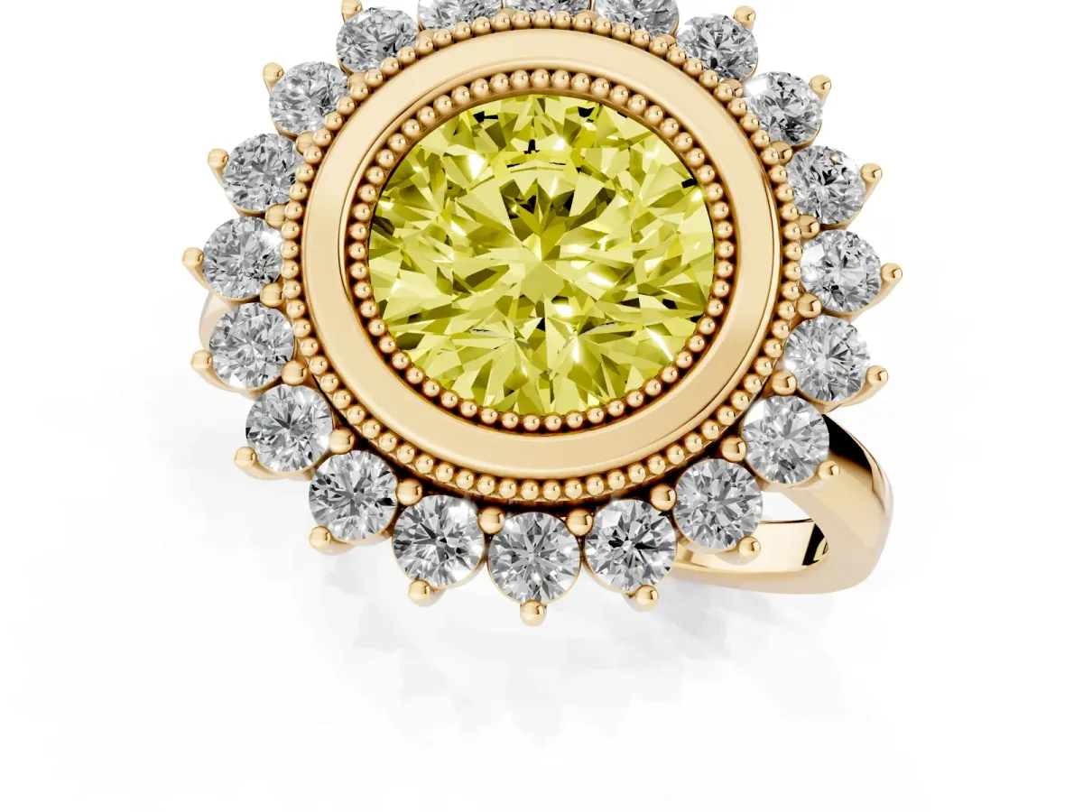 Fancy Yellow Round Cut Halo Diamond Ring with Milgrain Edge and Round Prong Setting Yellow gold