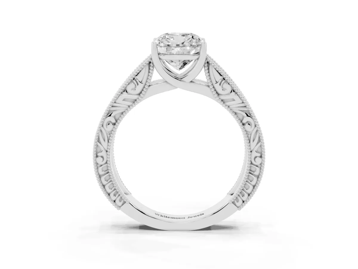 Cushion Cut Diamond Solitaire Ring with Engraved Band and Four-Prong Setting Silver
