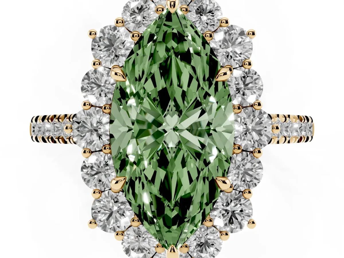 Fancy Green Marquise Cut Halo Diamond Ring with Pavé Band and Prong Setting Yellow gold