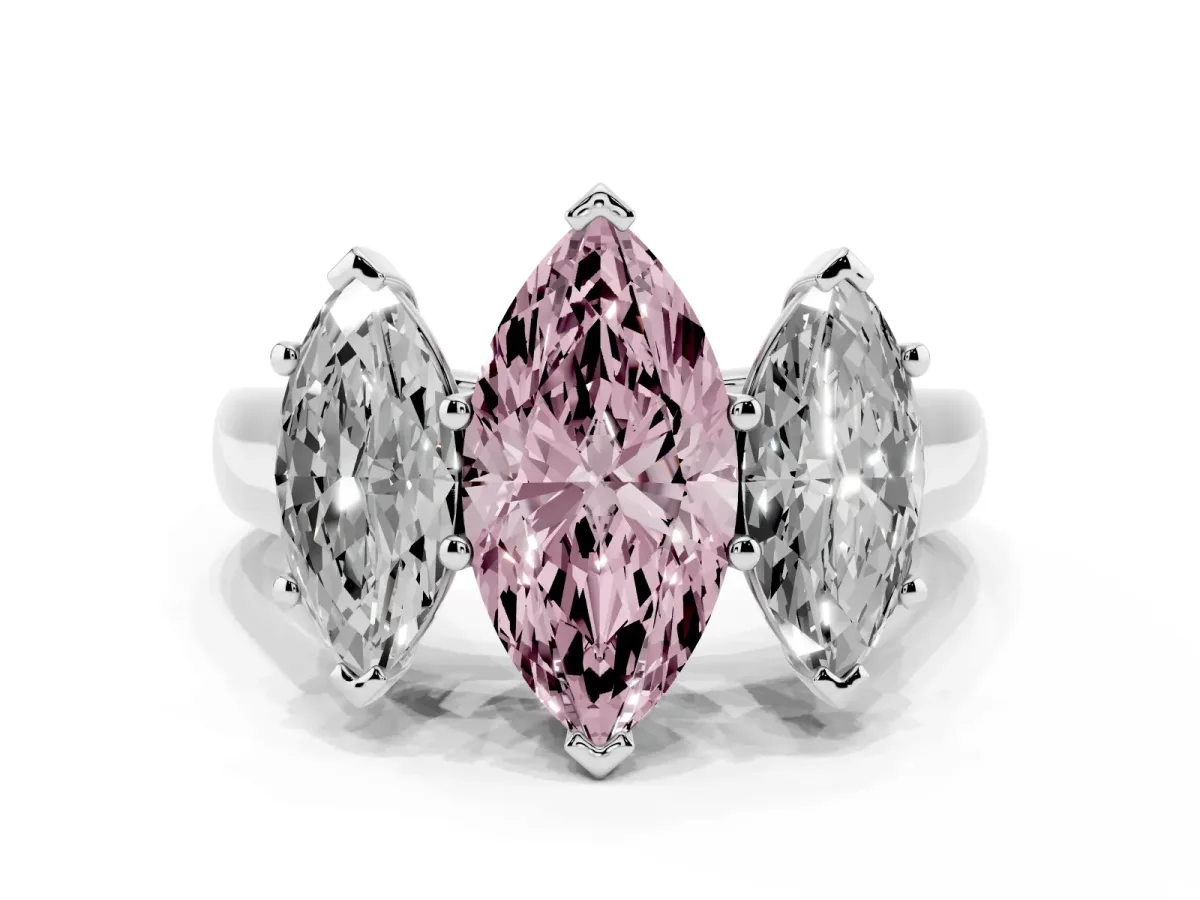 Fancy Pink Marquise Cut Three-Stone Diamond Ring with Prong Setting on a Classic Band Silver