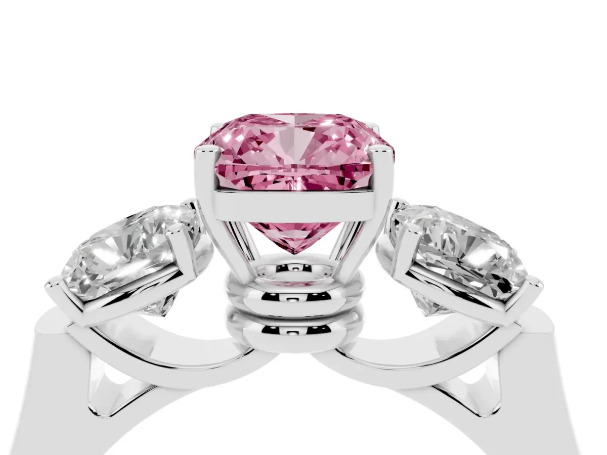 Fancy Pink Three-Stone Cushion Cut Brilliant Diamond Trellis Ring with Comfort Fit Band White gold