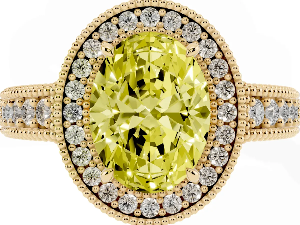 Fancy Yellow Oval Cut Cut Halo Diamond Ring with Pavé Band and Four-Prong Setting Yellow gold