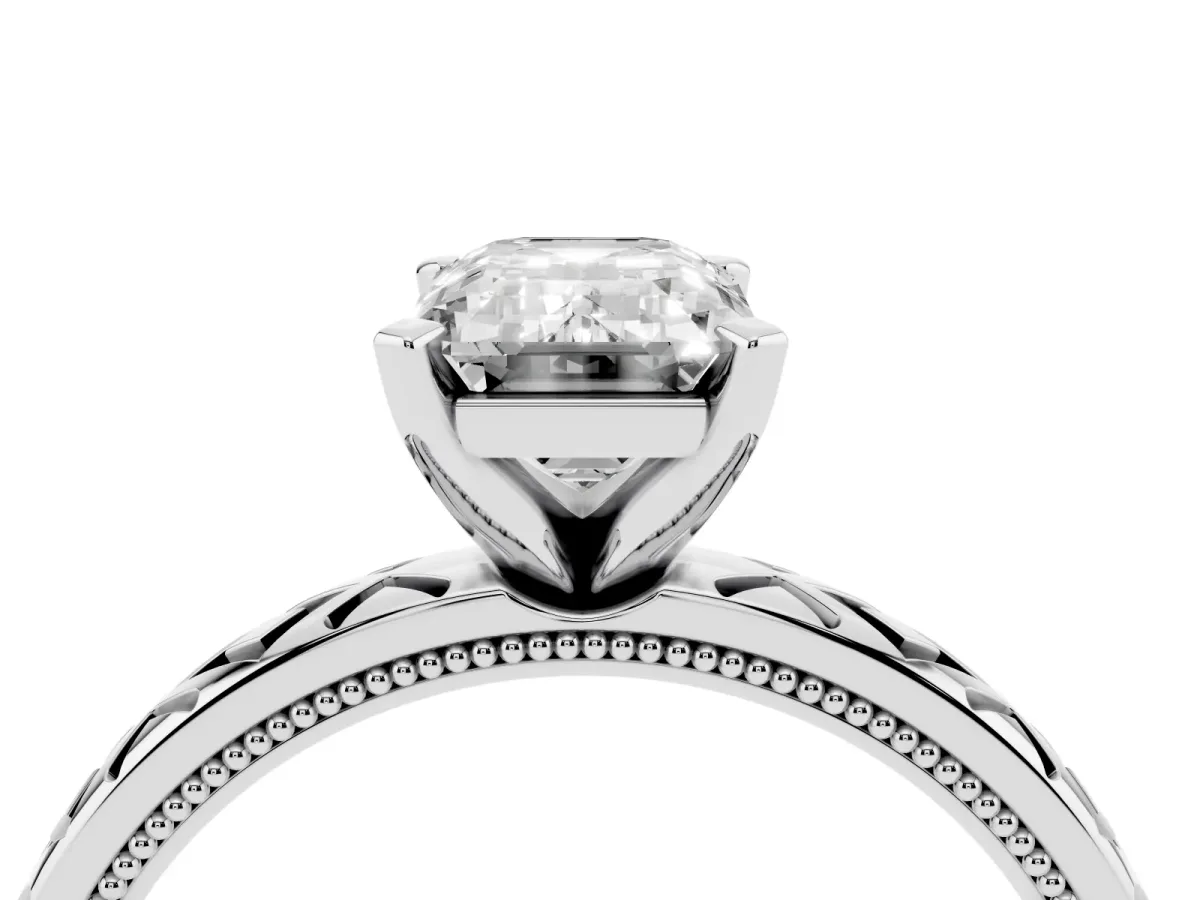 Emerald Cut Solitaire Diamond Ring with Milgrain and Black Enamel X Pattern Band Silver