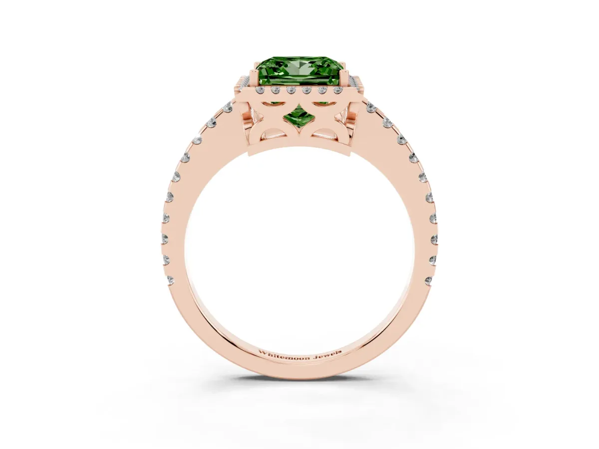 Fancy Green Princess Cut Diamond Halo Engagement Ring with Pavé Band and Prong Setting Rose gold