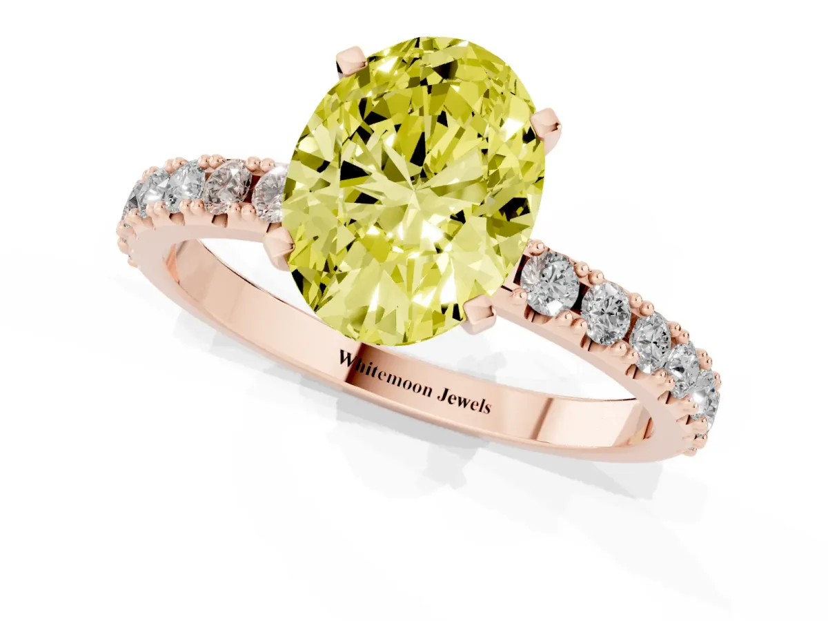 Fancy Yellow Oval Cut Diamond Solitaire Pavé Band with Four-Prong Setting Rose gold