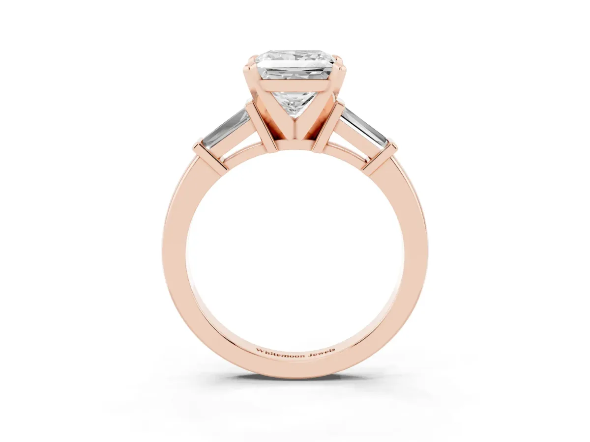 Princess Cut Cut Diamond Solitaire Ring with Tapered Baguette Accents and Four-Prong Setting Rose gold