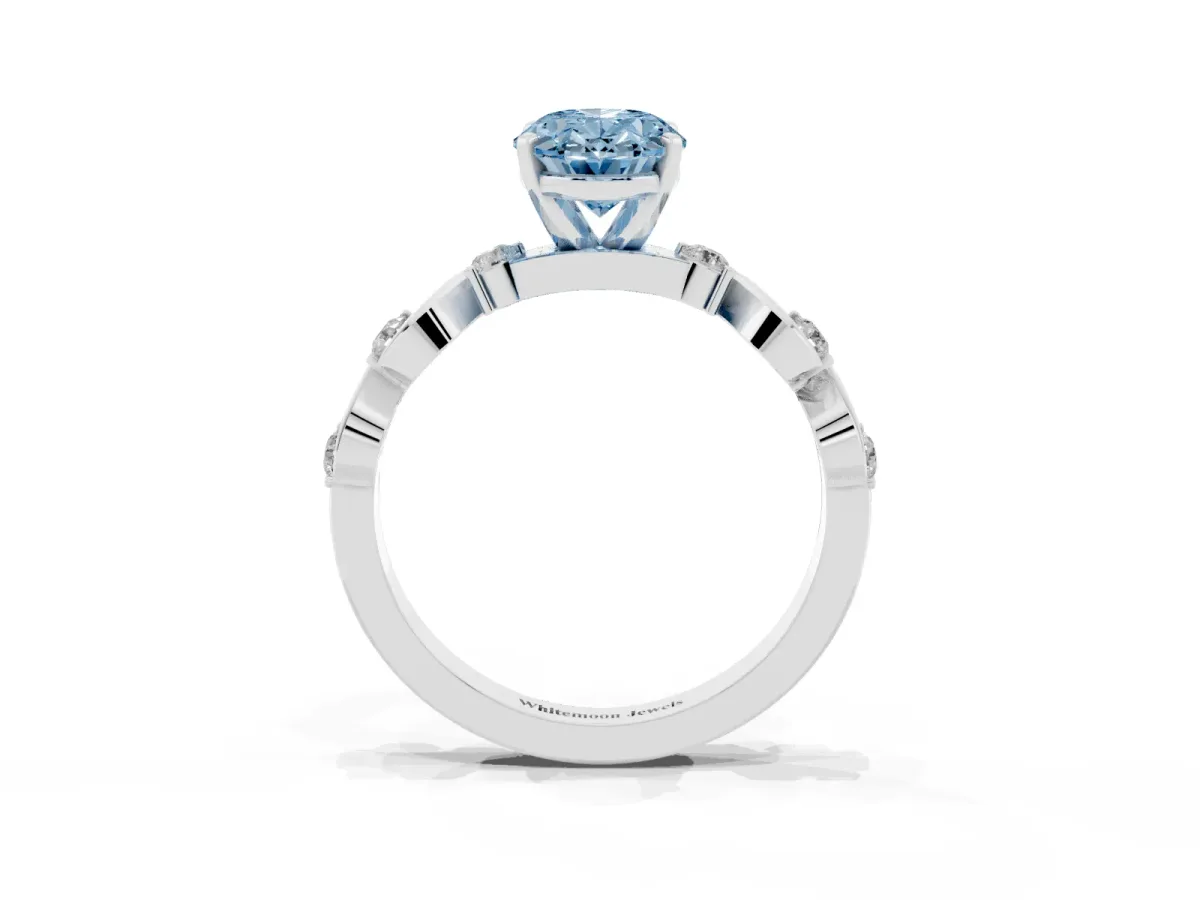 Fancy Blue Oval Cut Diamond Solitaire Twisted Band with Round Accents and Prong Setting Platinum