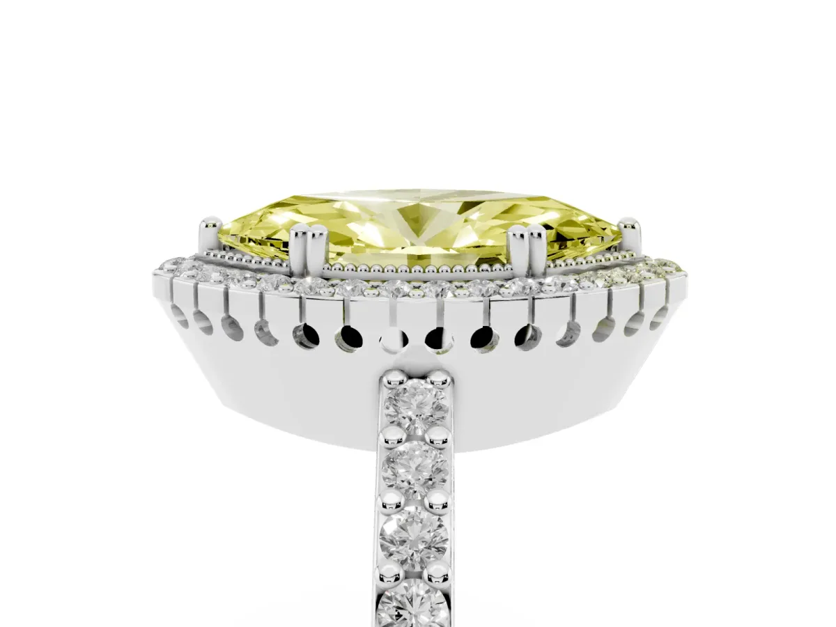 Fancy Yellow Marquise Cut Cut Diamond Halo Engagement Ring with Milgrain Detail and Pavé Band Silver
