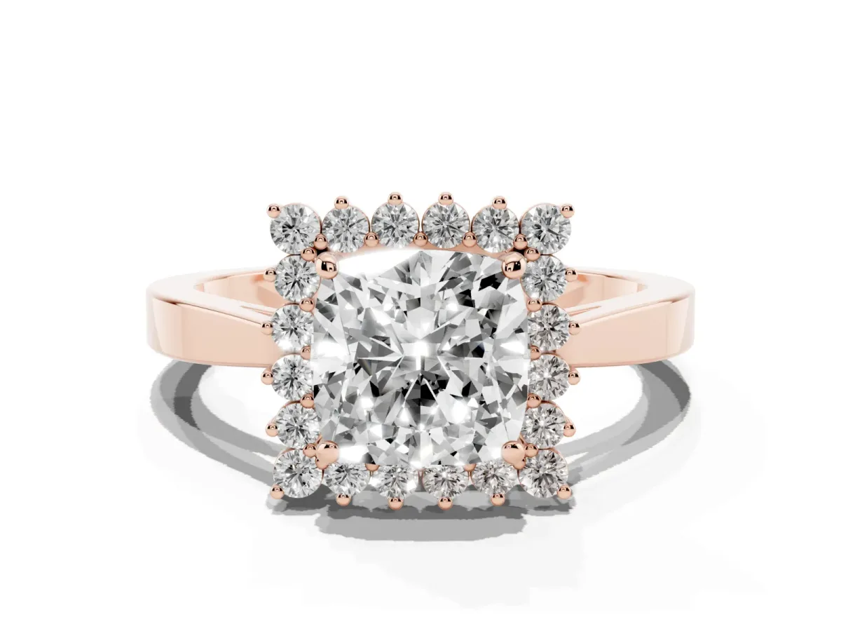 Cushion Cut Cut Diamond Halo Ring with Round Brilliant Halo and Solitaire Band Rose gold