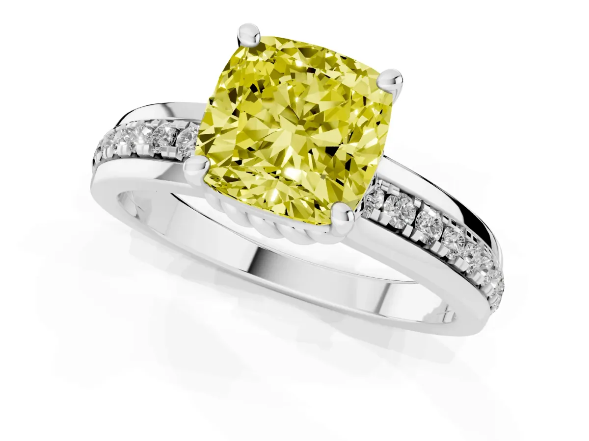 Fancy Yellow Cushion Cut Solitaire Diamond Ring with Channel Set Band and Six-Prong Setting Platinum