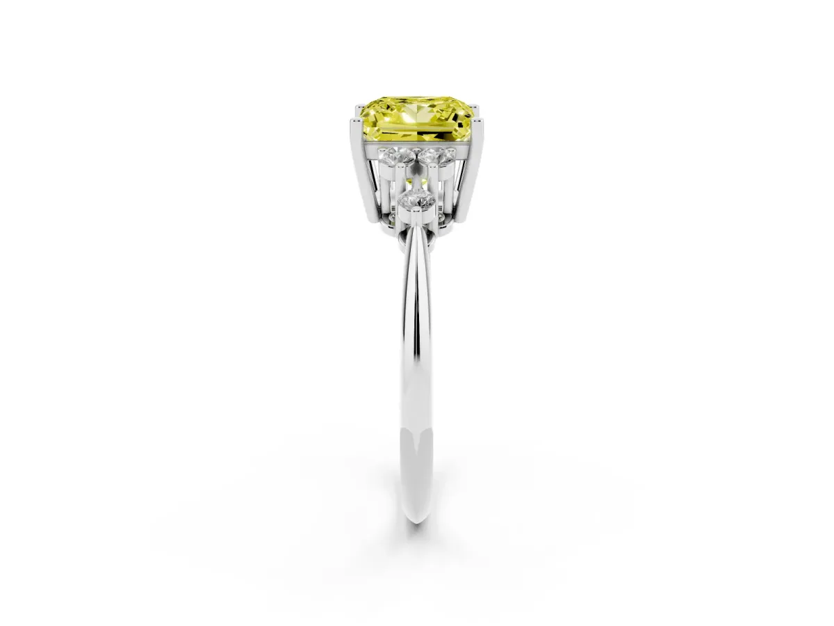 Fancy Yellow Princess Cut Cut Diamond Cluster Ring with Solitaire Band and Four-Prong Setting Platinum