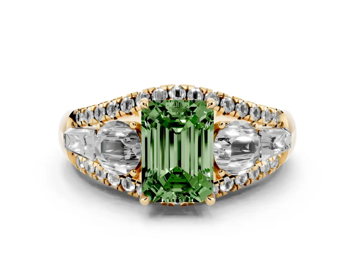 Fancy Green Three-Stone Emerald Cut Diamond Engagement Ring with Pave Band and Prong Setting Yellow gold