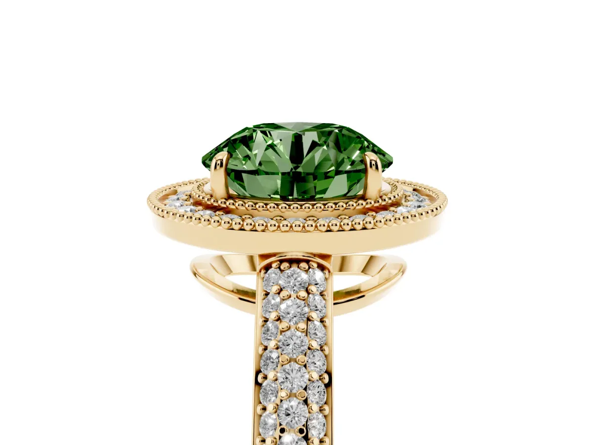 Fancy Green Round Cut Cut Halo Diamond Pave Band with Four-Prong Setting Yellow gold