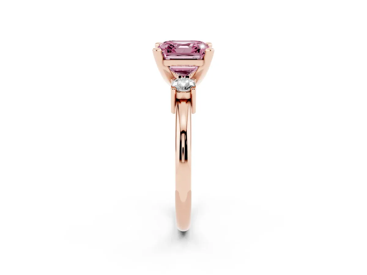 Fancy Pink Three-Stone Asscher Cut Cut Diamond Solitaire with Prong Setting and Classic Band Rose gold