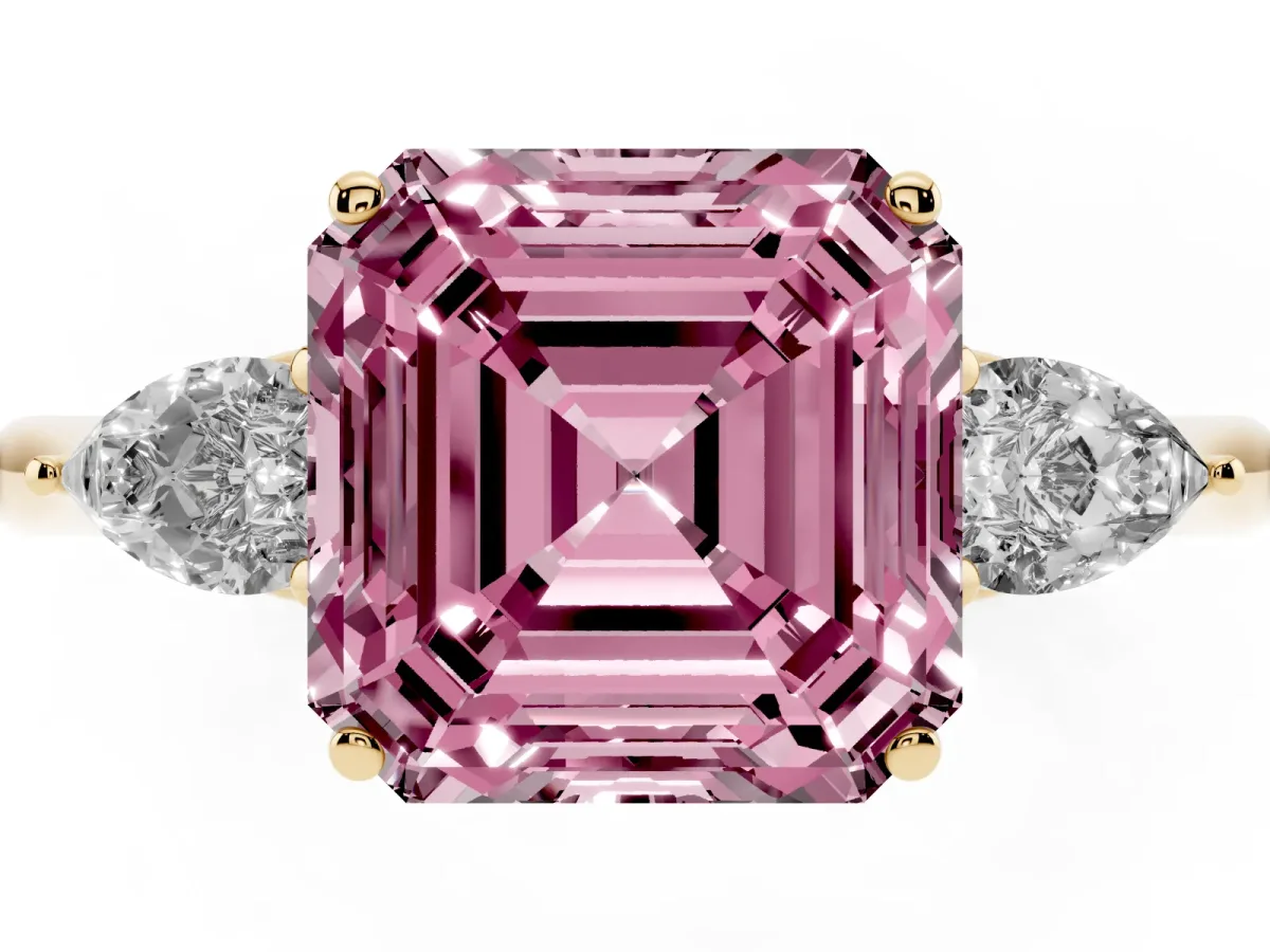 Fancy Pink Asscher Cut Diamond Three-Stone Ring with Pear Side Stones and Prong Setting Yellow gold